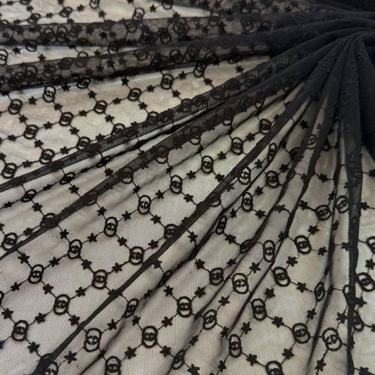 Meterware · Tüll · Bestickt · Polyamid · Logo · Schwarz · 140 cm