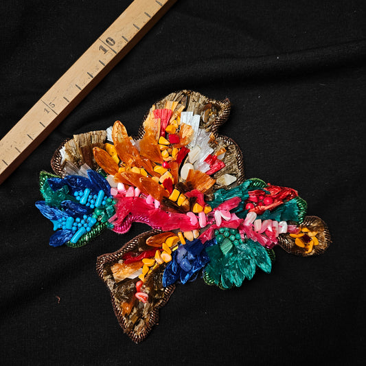 D&G 13x14 cm floral patch with colorful beads, sequins, and embroidery on black fabric.
