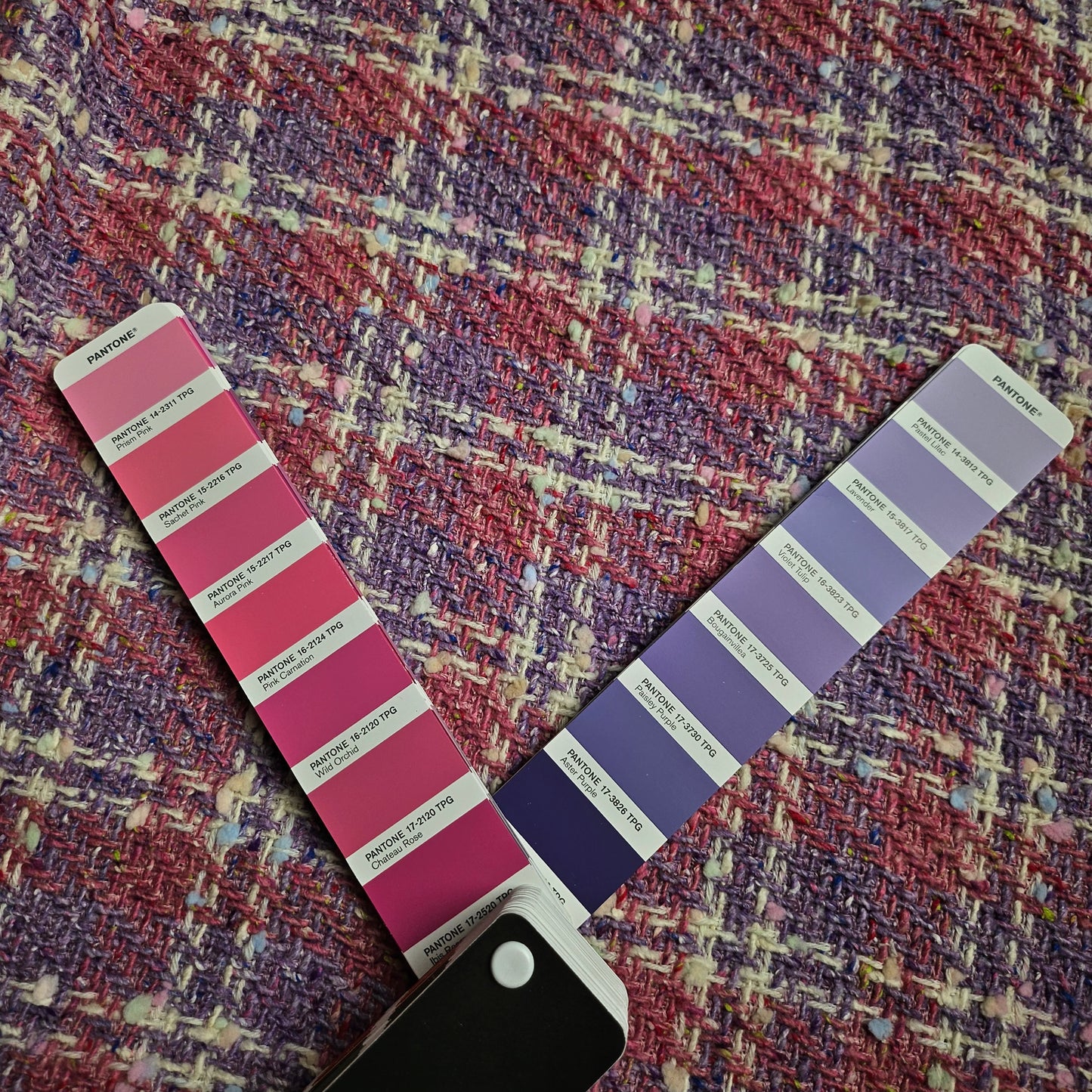 G###i Deadstock Tweed fabric in Chateau Rose and Bougainvillea Blush Powder, with Pantone swatches.