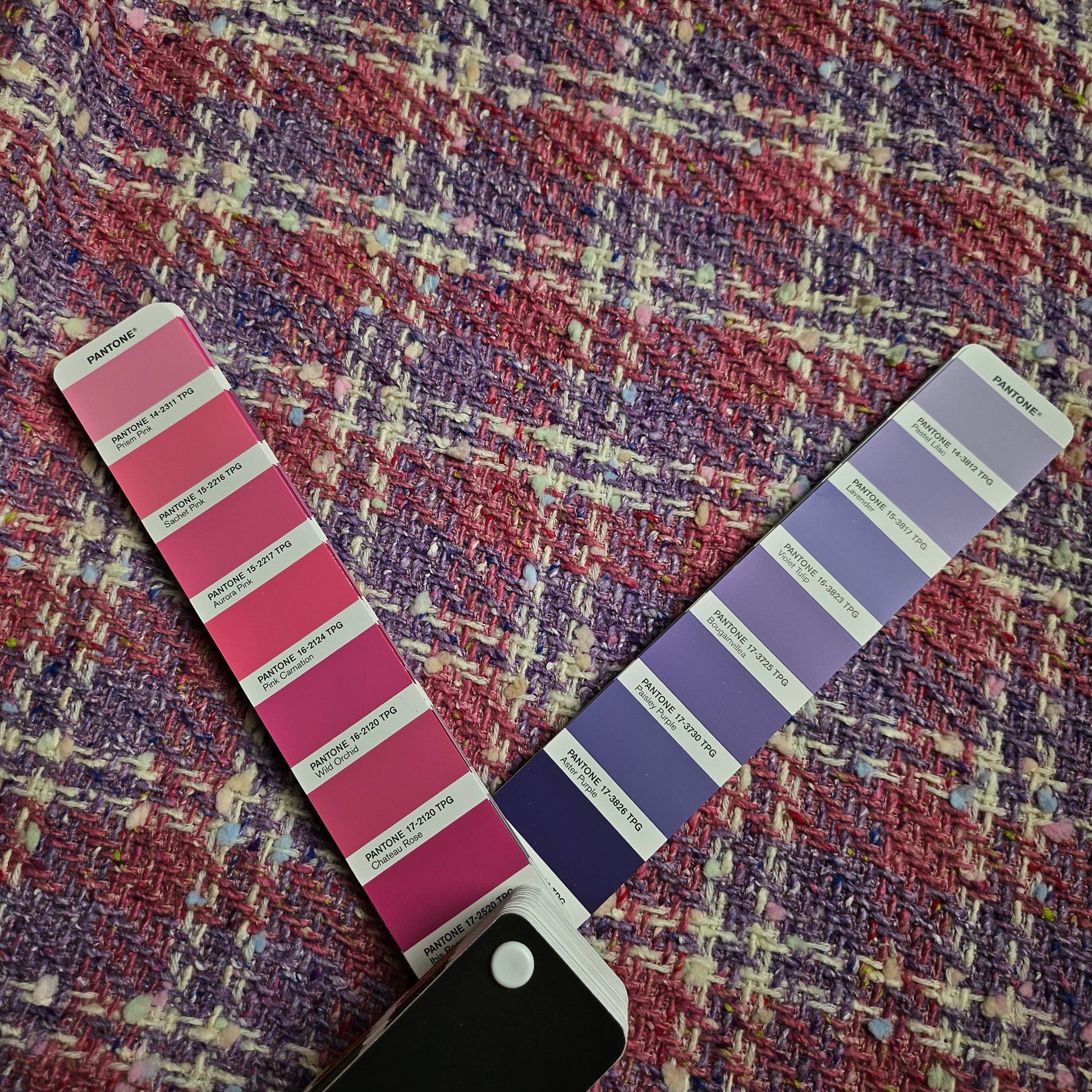 G###i Deadstock Tweed fabric in Chateau Rose and Bougainvillea Blush Powder, with Pantone swatches.