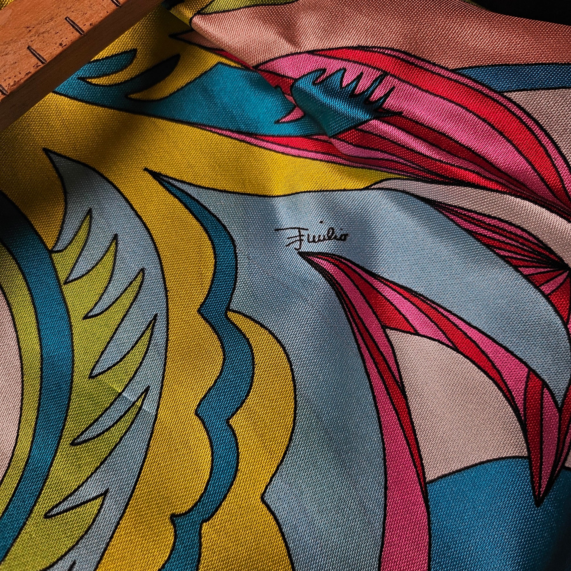 Pucci Twill Silk Scarf, 90x90cm, with vibrant pink, green, yellow, and blue abstract pattern.