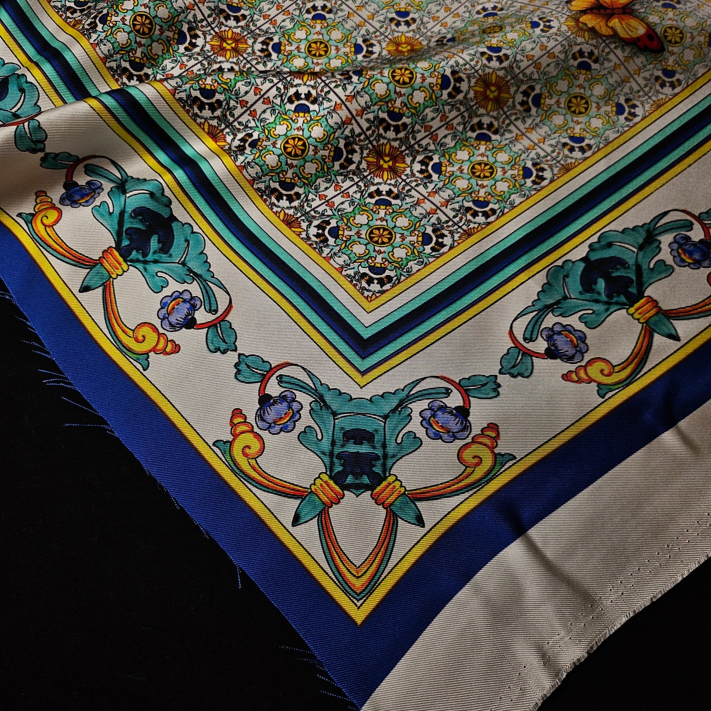 Silk twill scarf panel, 90x90 cm, with classic blue, yellow, and green ornate patterns.