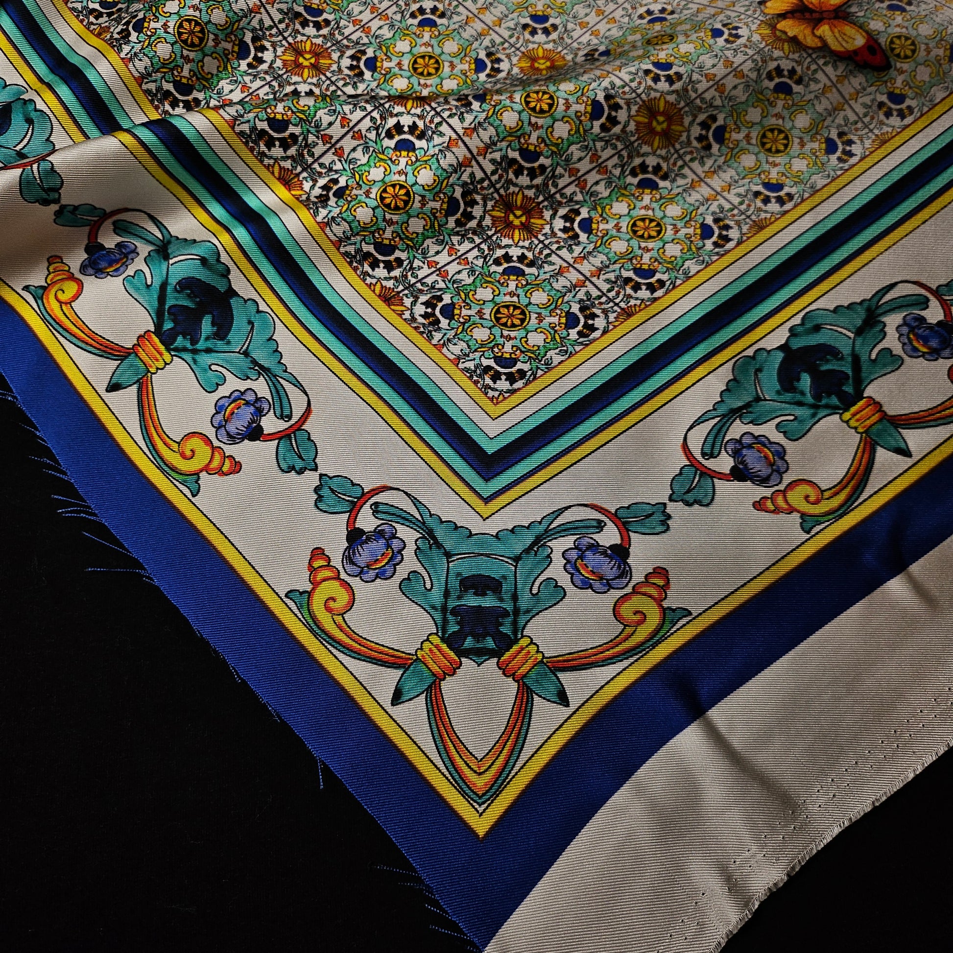 Silk twill scarf panel, 90x90 cm, with classic blue, yellow, and green ornate patterns.