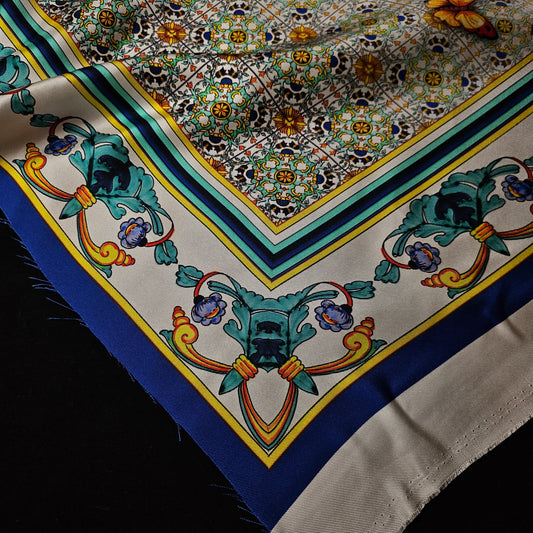 Silk twill scarf panel, 90x90 cm, with classic blue, yellow, and green ornate patterns.