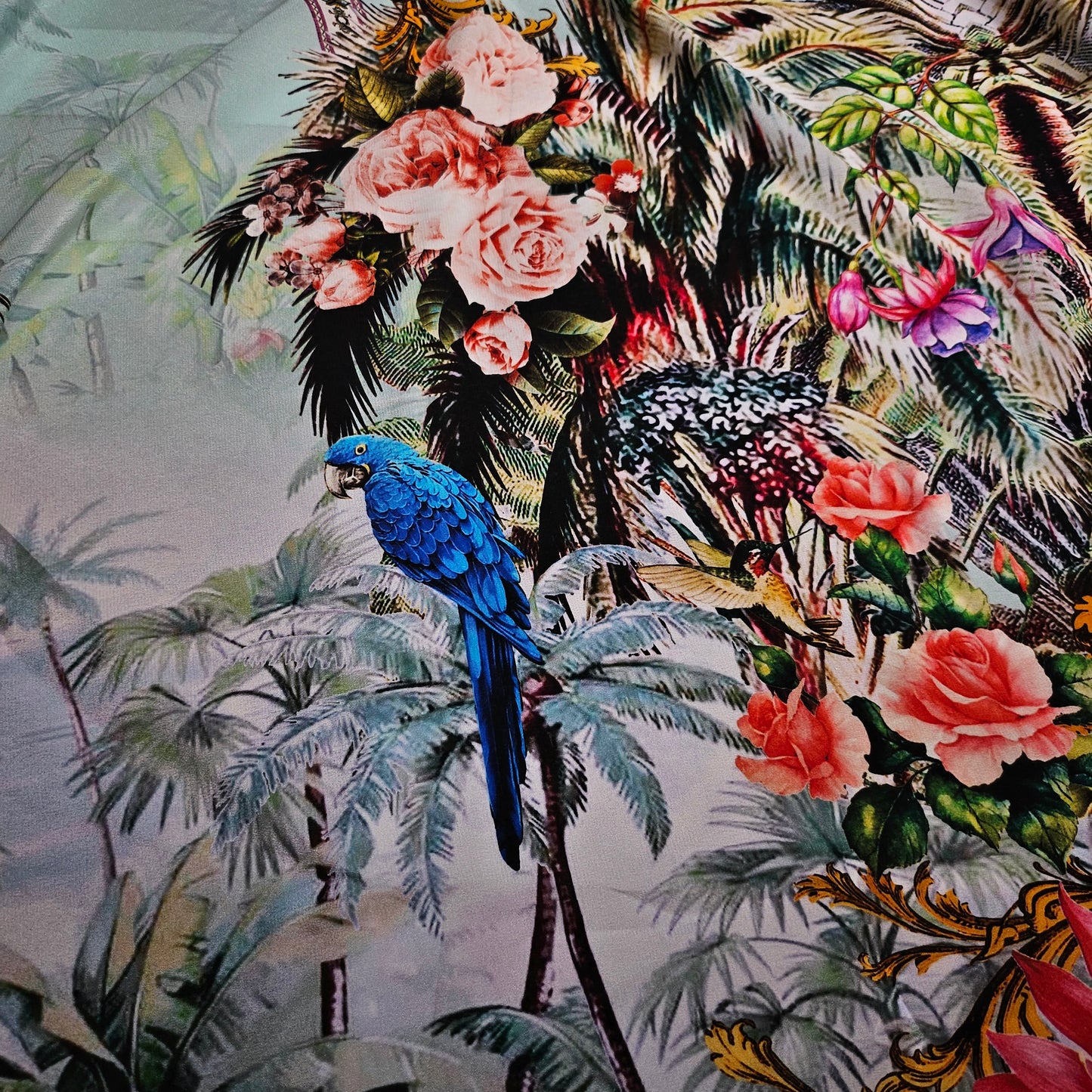 Crêpe Seide , Tropen Print floral mit blauara und tiger pastelltöne· 140 cm