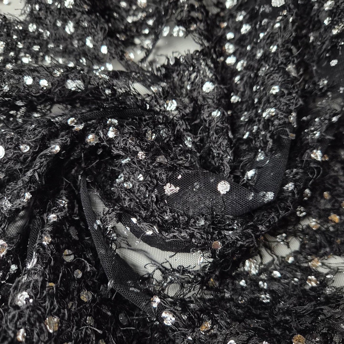 Meterware · Tüll · Bestickt · Polyester · Schwarz mit Silber · 120 cm