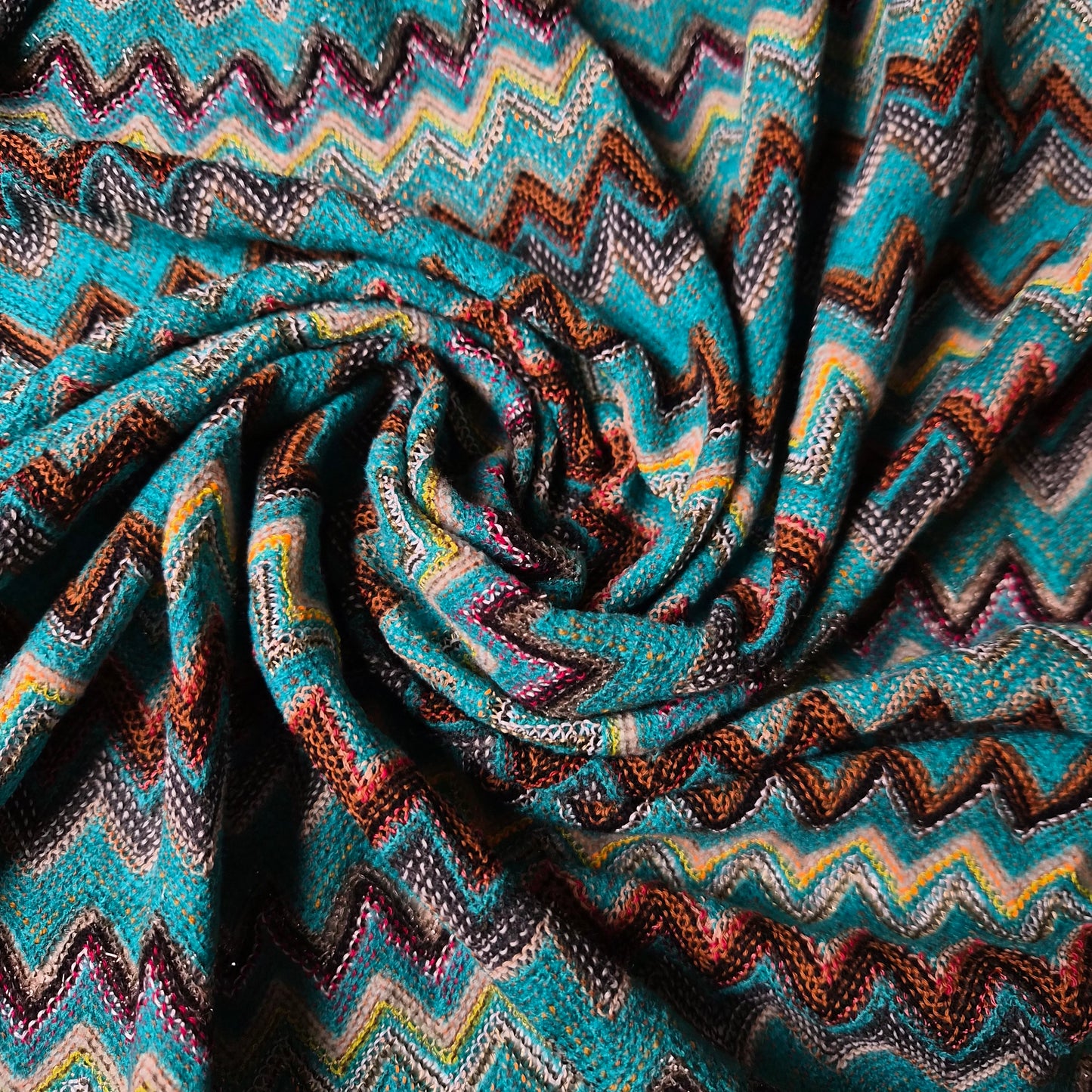 Grobstrick Baumwolle Lurex Zickzackmuster türkis und brauntöne Missoni Einzelstück 290 cm x 135 cm