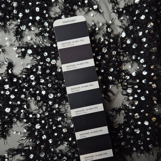 Meterware · Tüll · Bestickt · Polyester · Schwarz mit Silber · 120 cm