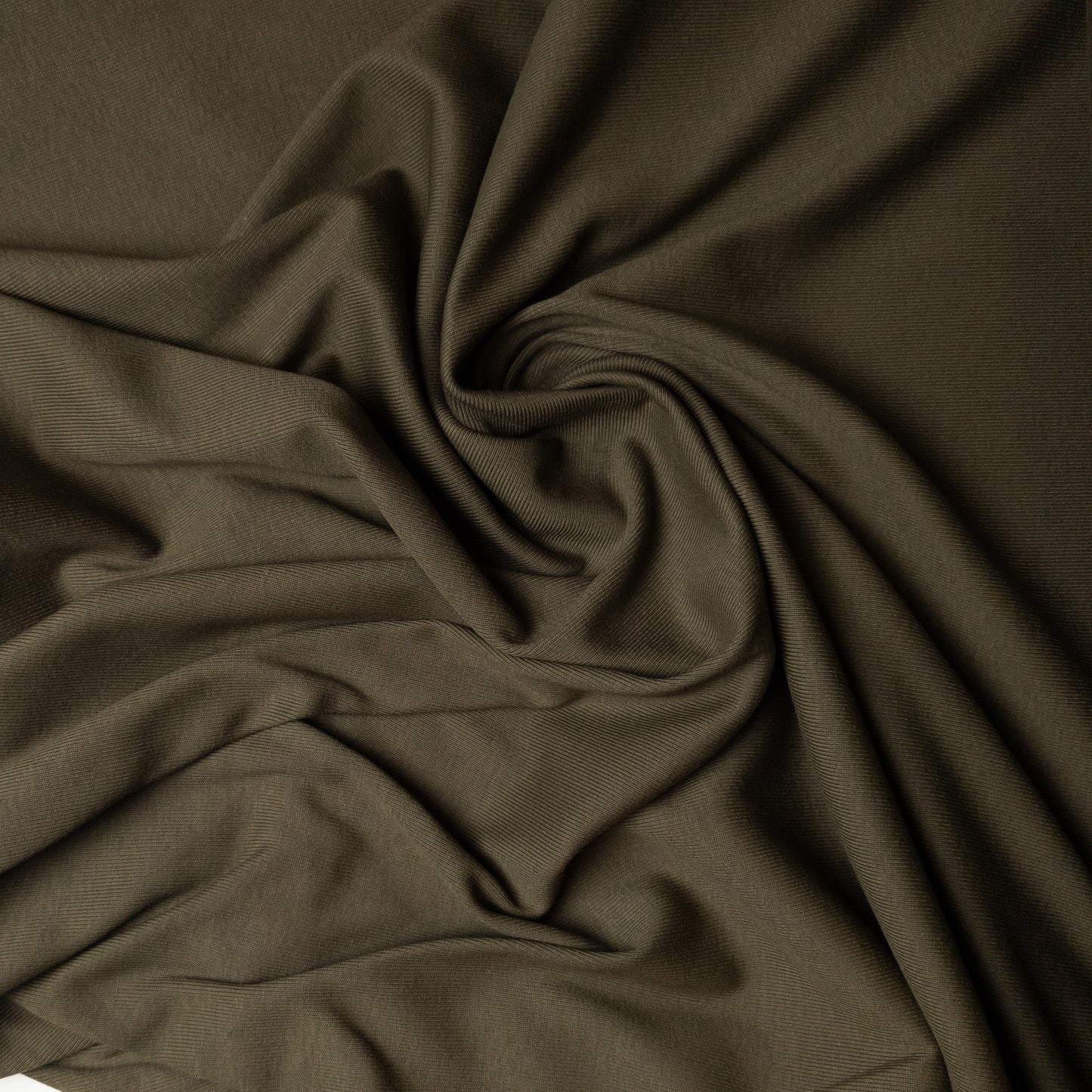 Dark olive green ribbed knit fabric, 100cm wide, with soft drapes and subtle melange texture.