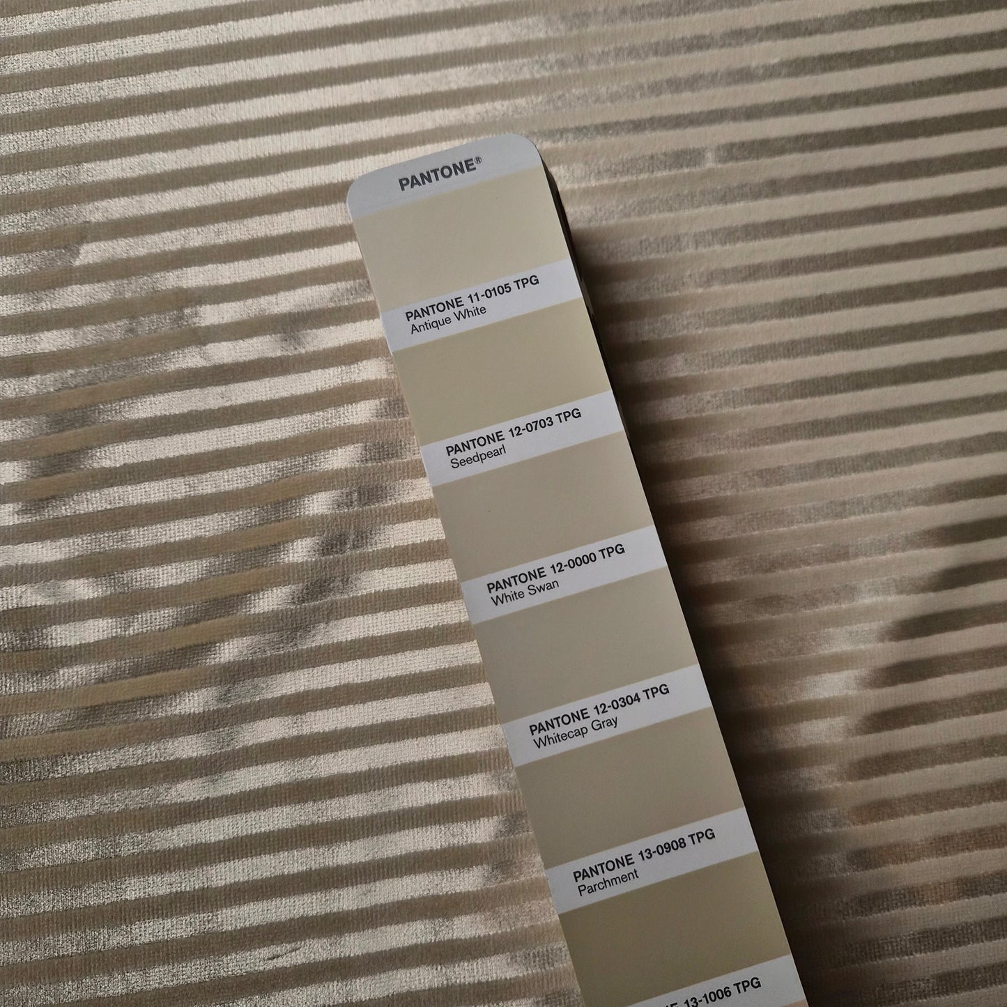 Samt · Baumwolle 64%, Viskose 36% · Gestreift · Pantone Antique White · 145 cm · 450 g/m² · Meterware