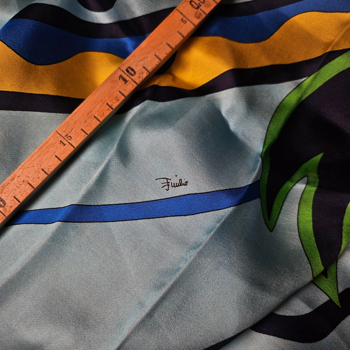 Multicolor P*cci deadstock twill silk scarf, 90x90cm, with abstract design and "Fiulius" signature.