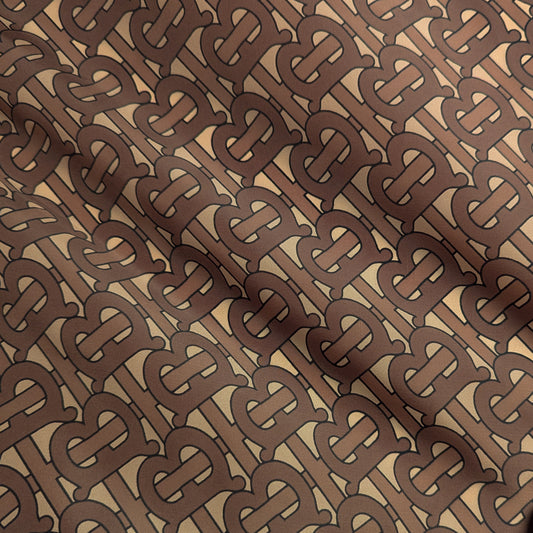 Brown polyester fabric with a repeating "TB" monogram pattern, suitable for rain jackets.