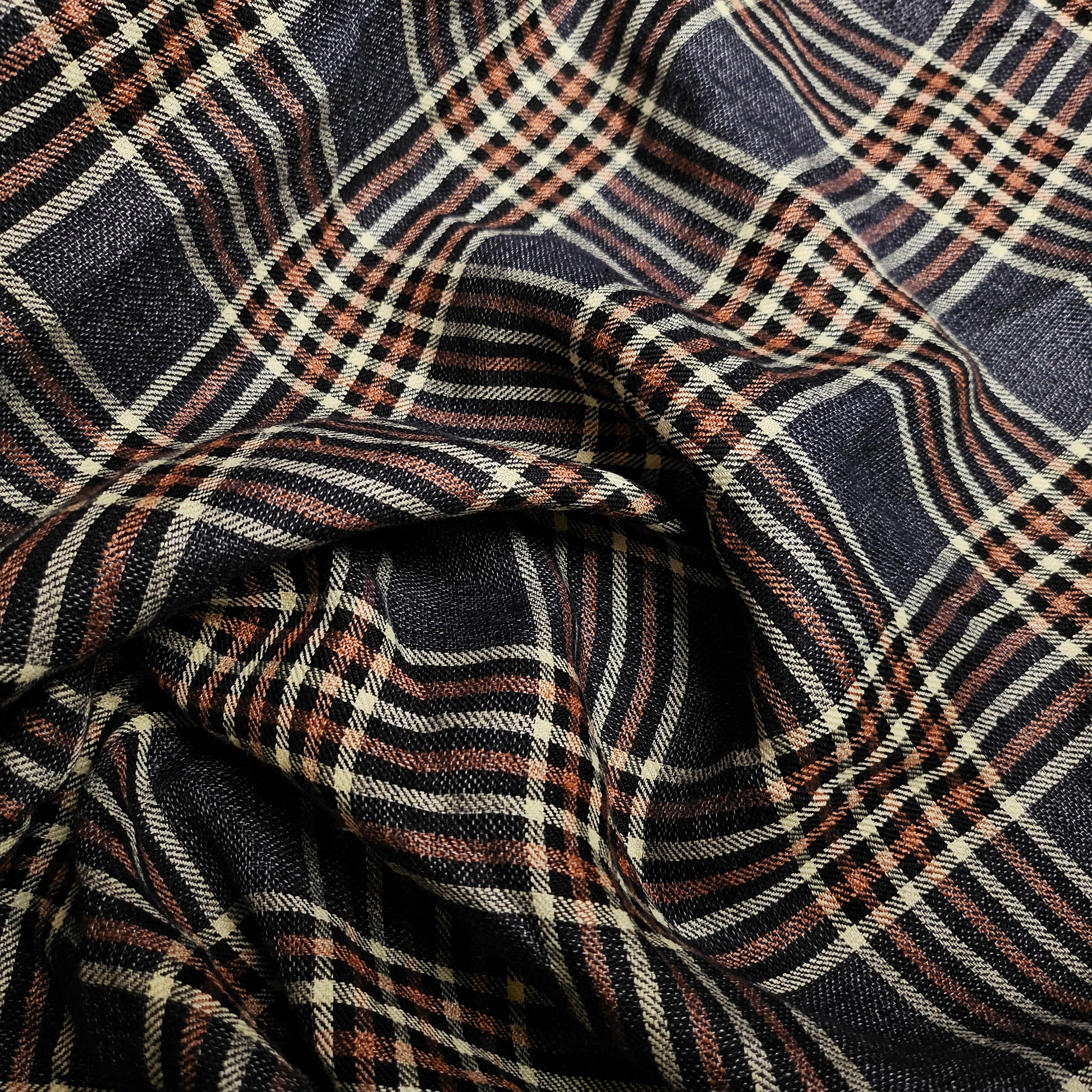 Deadstock G*cci linen-silk blend fabric, dark blue with brown and cream plaid pattern.
